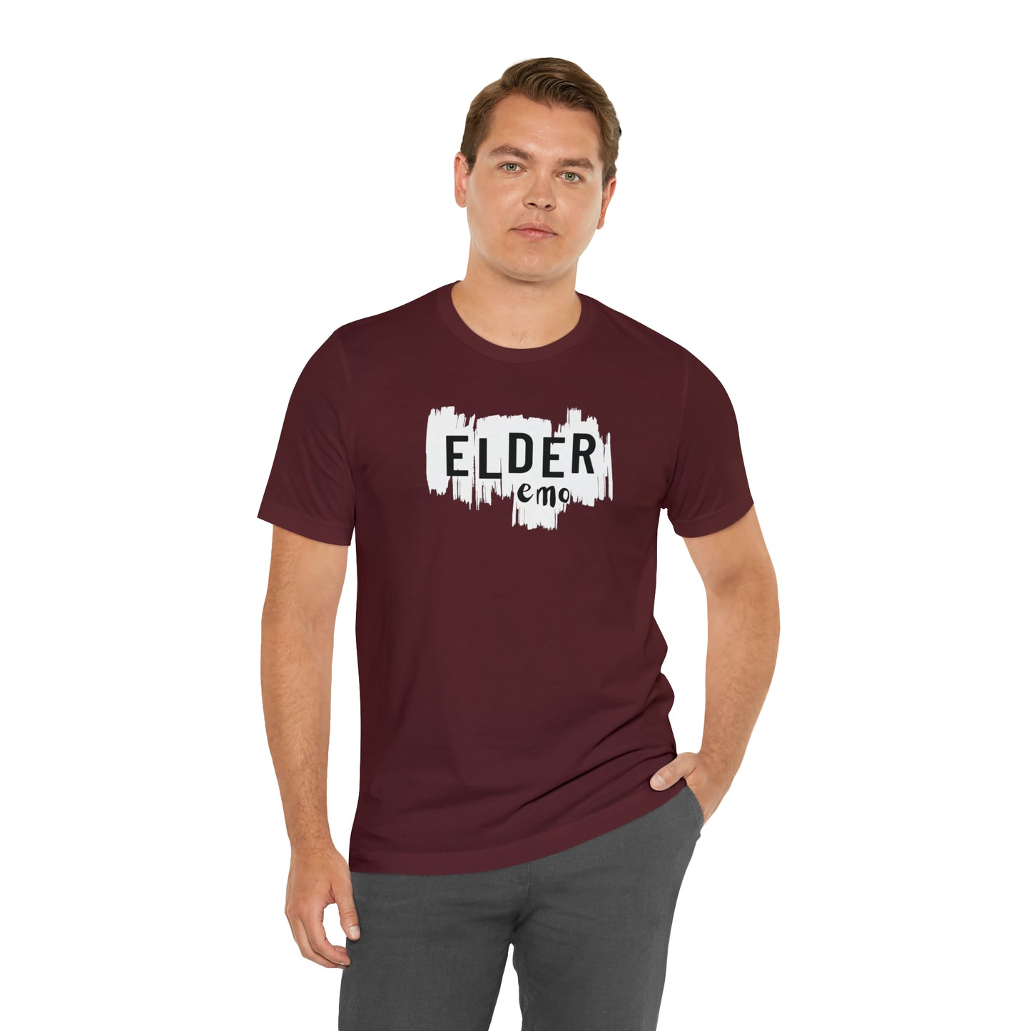 Vertical paint WHITE LETTER Elder Emo, Unisex Jersey Short Sleeve Tee
