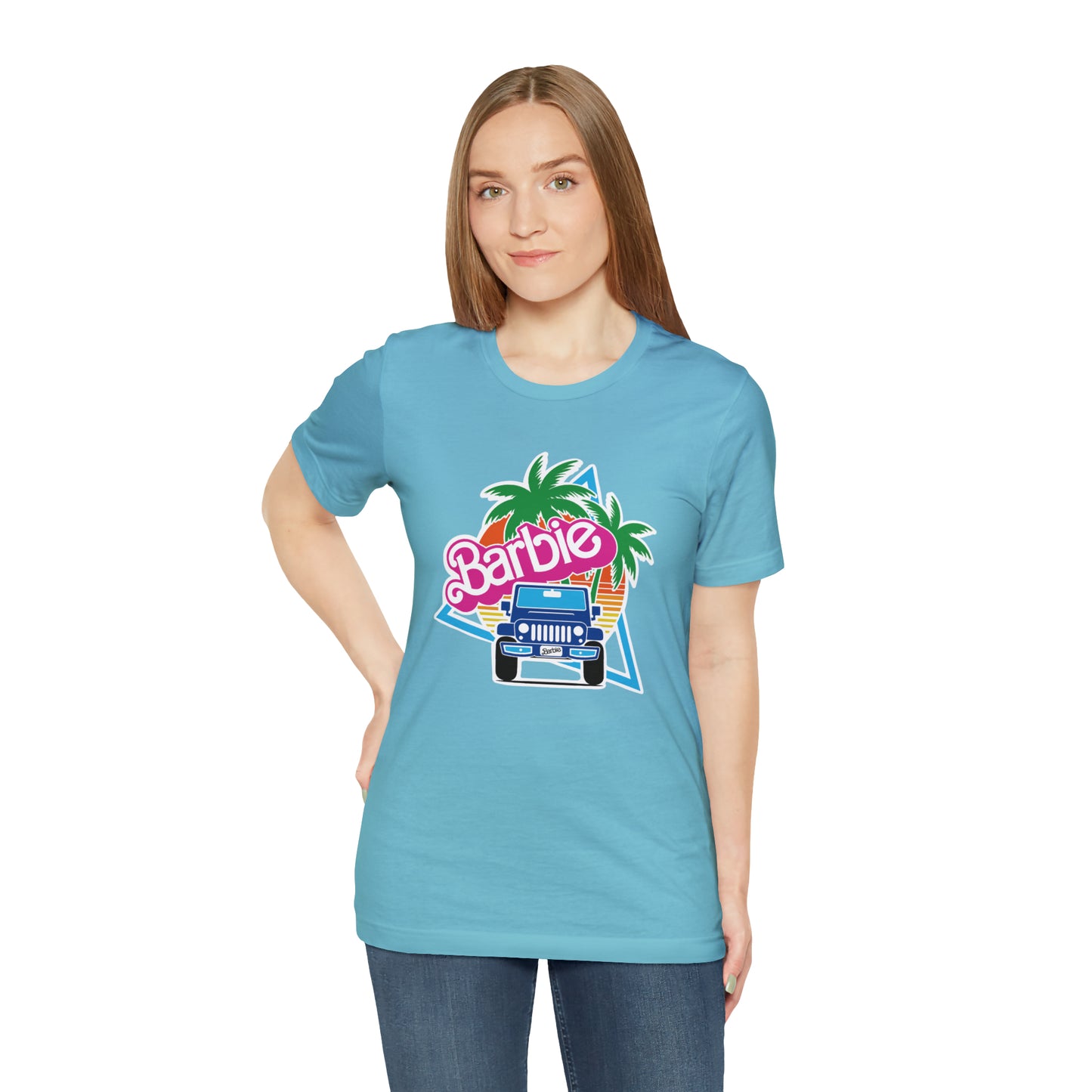 Two blue Barbie, Beep Beep Barbie Jeep, Unisex Jersey Short Sleeve Tee