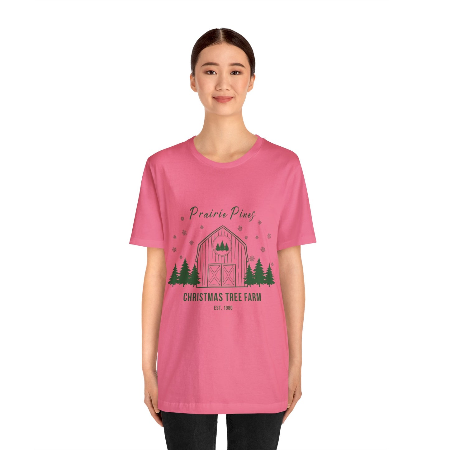 Green Text Prairie Pines with back design Thick and Sprucey Christmas Trees - Unisex T-shirt