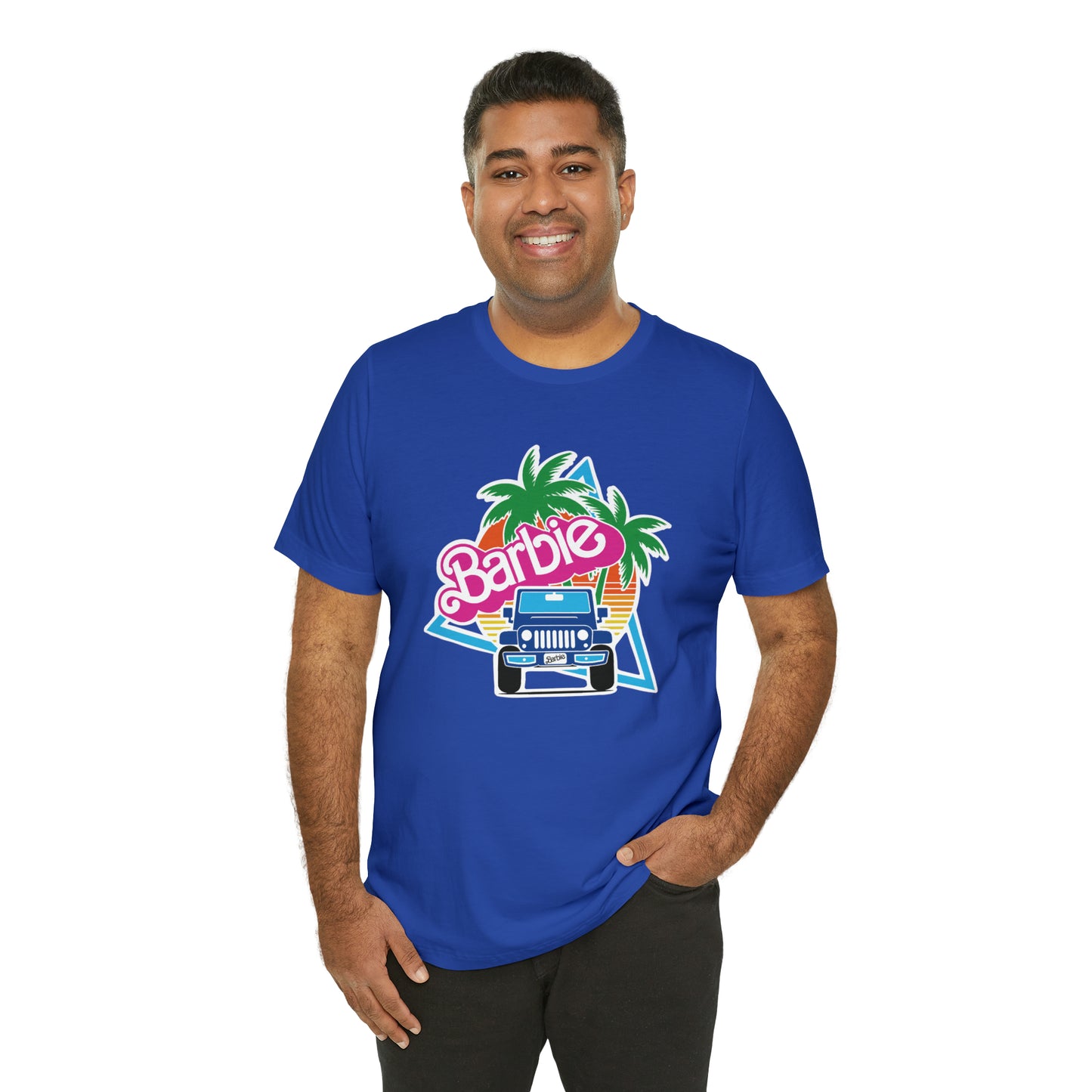 Two blue Barbie, Beep Beep Barbie Jeep, Unisex Jersey Short Sleeve Tee
