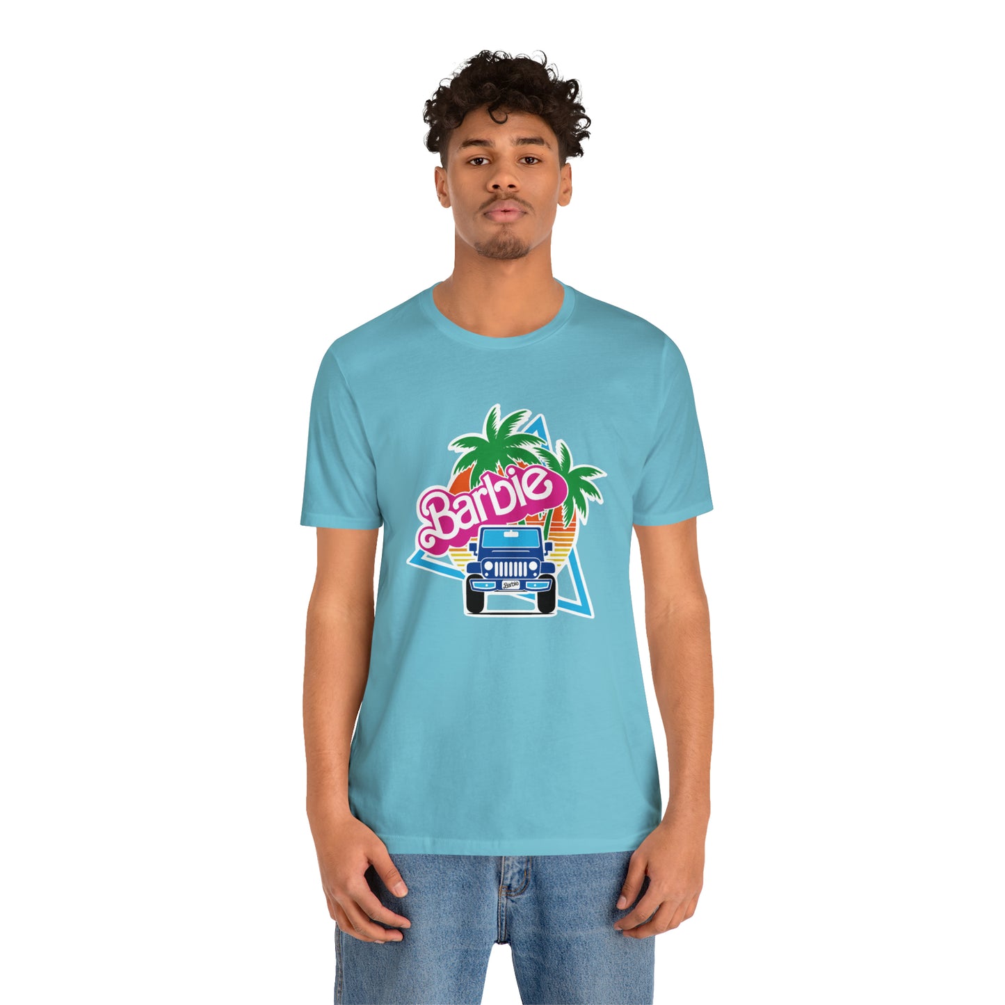 Two blue Barbie, Beep Beep Barbie Jeep, Unisex Jersey Short Sleeve Tee