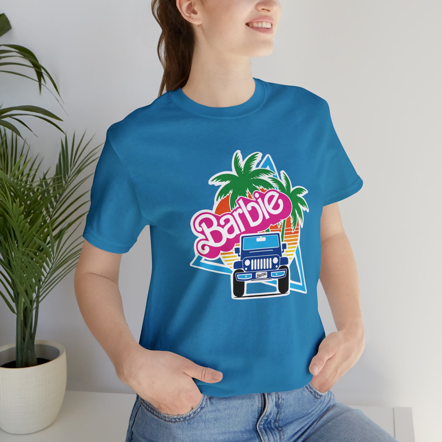 Two blue Barbie, Beep Beep Barbie Jeep, Unisex Jersey Short Sleeve Tee