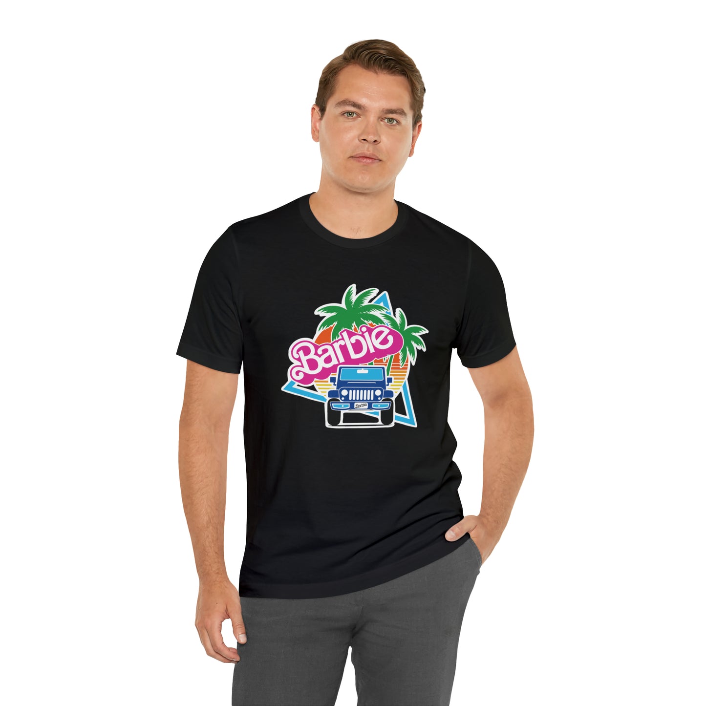 Two blue Barbie, Beep Beep Barbie Jeep, Unisex Jersey Short Sleeve Tee