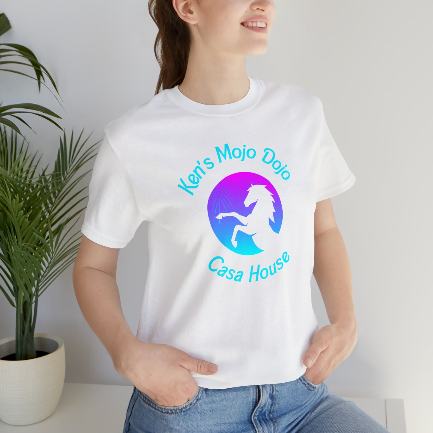 Neon Teal Moon: Mojo Dojo Casa House, Unisex Jersey Short Sleeve Tee