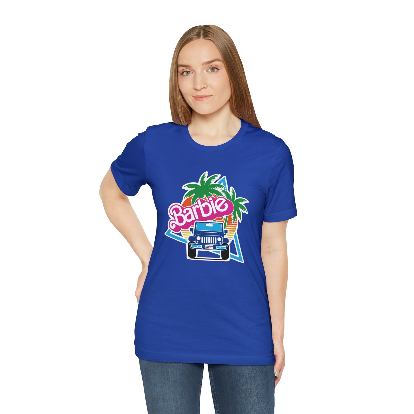 Two blue Barbie, Beep Beep Barbie Jeep, Unisex Jersey Short Sleeve Tee