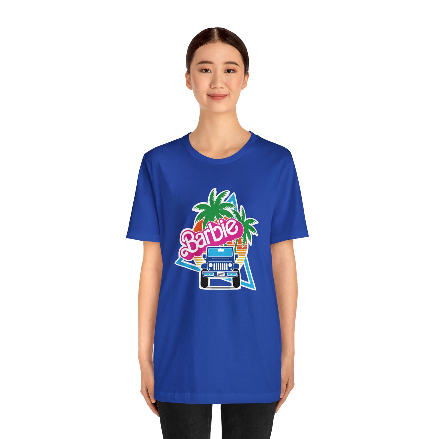Two blue Barbie, Beep Beep Barbie Jeep, Unisex Jersey Short Sleeve Tee