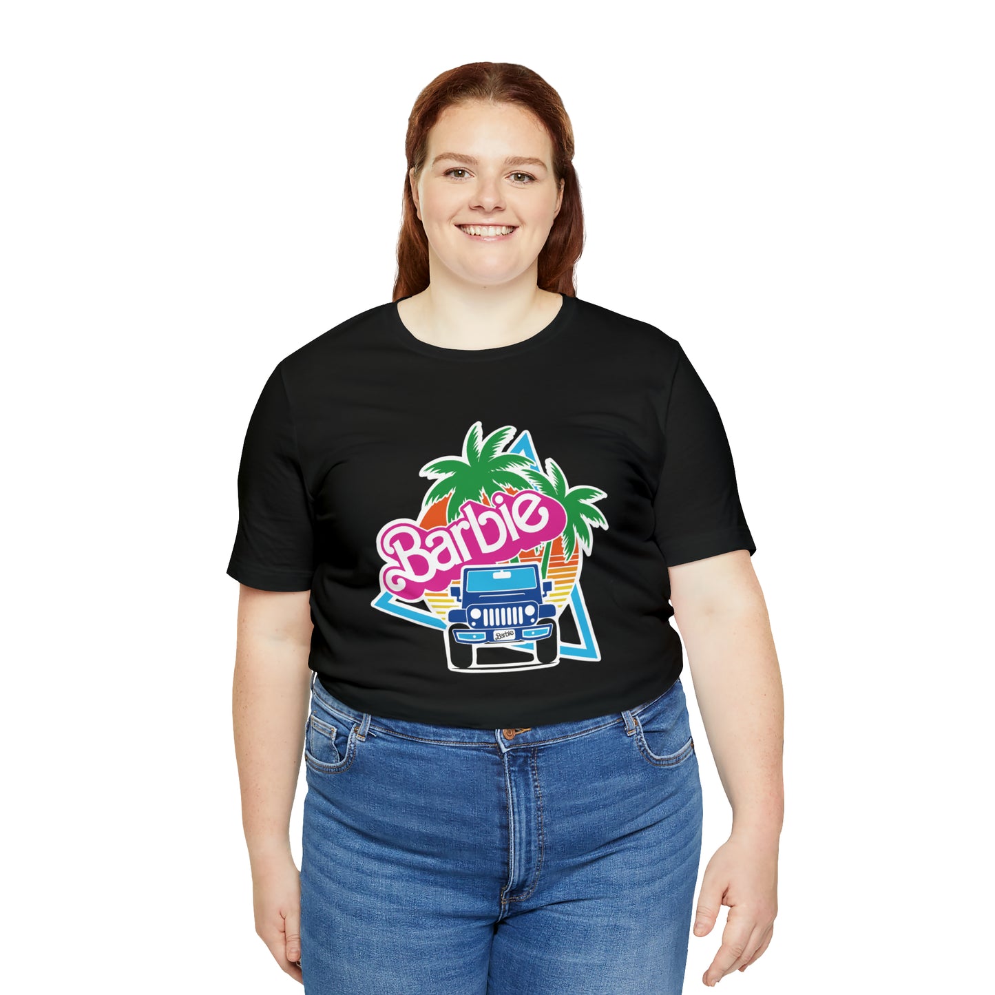 Two blue Barbie, Beep Beep Barbie Jeep, Unisex Jersey Short Sleeve Tee