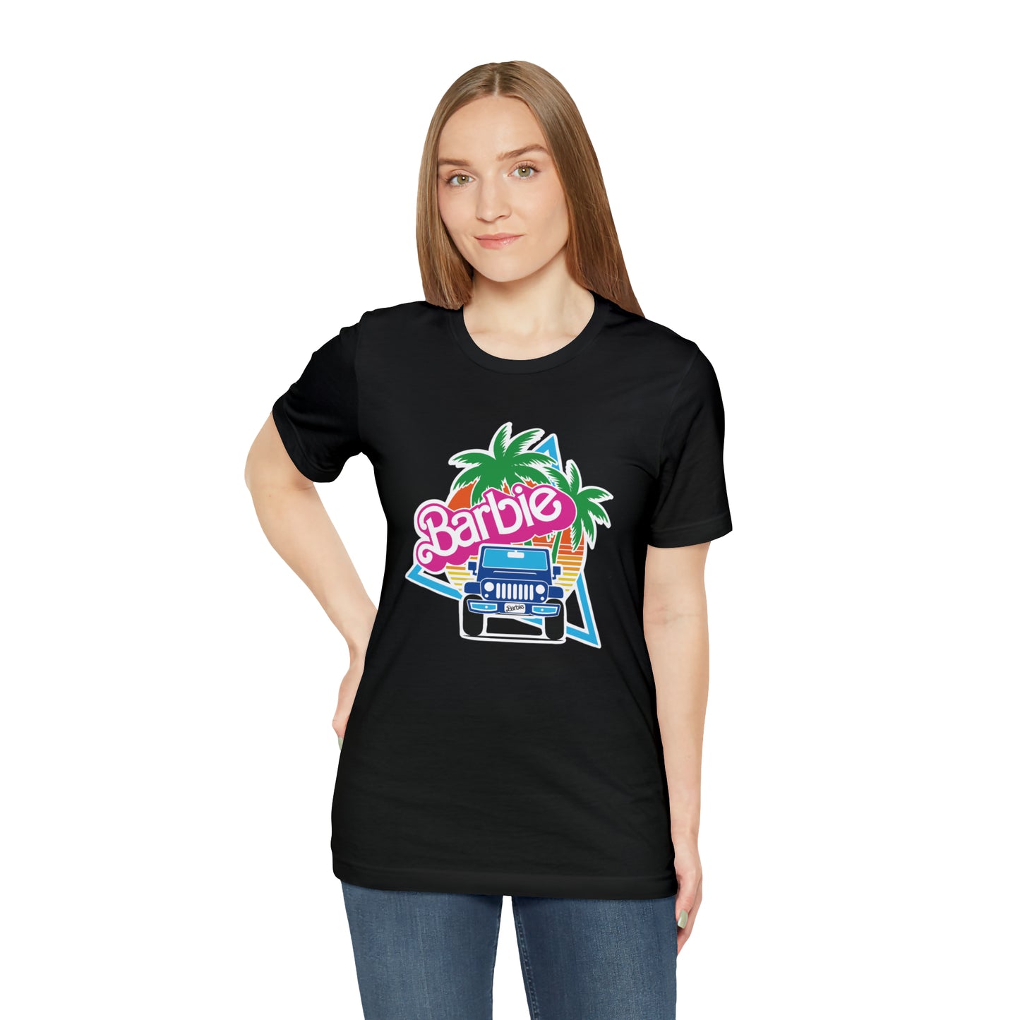 Two blue Barbie, Beep Beep Barbie Jeep, Unisex Jersey Short Sleeve Tee