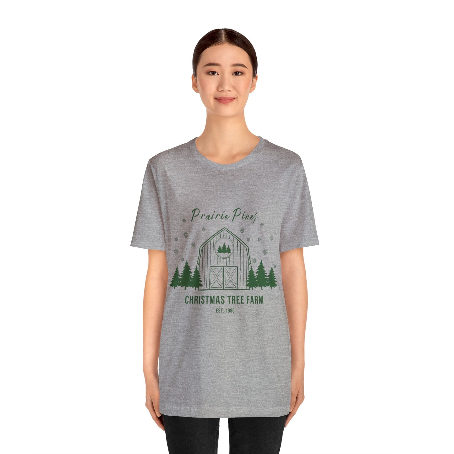 Green Text Prairie Pines with back design Thick and Sprucey Christmas Trees - Unisex T-shirt