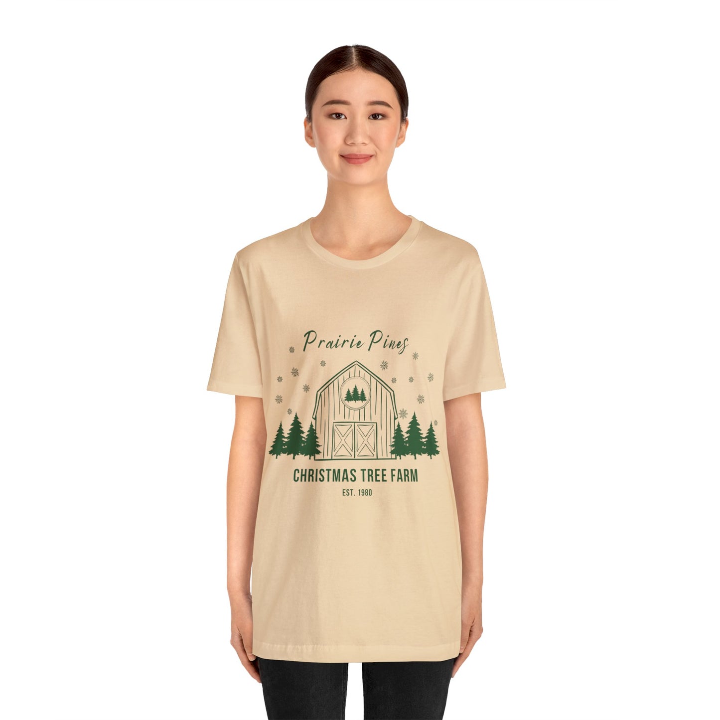 Green Text Prairie Pines with back design Thick and Sprucey Christmas Trees - Unisex T-shirt
