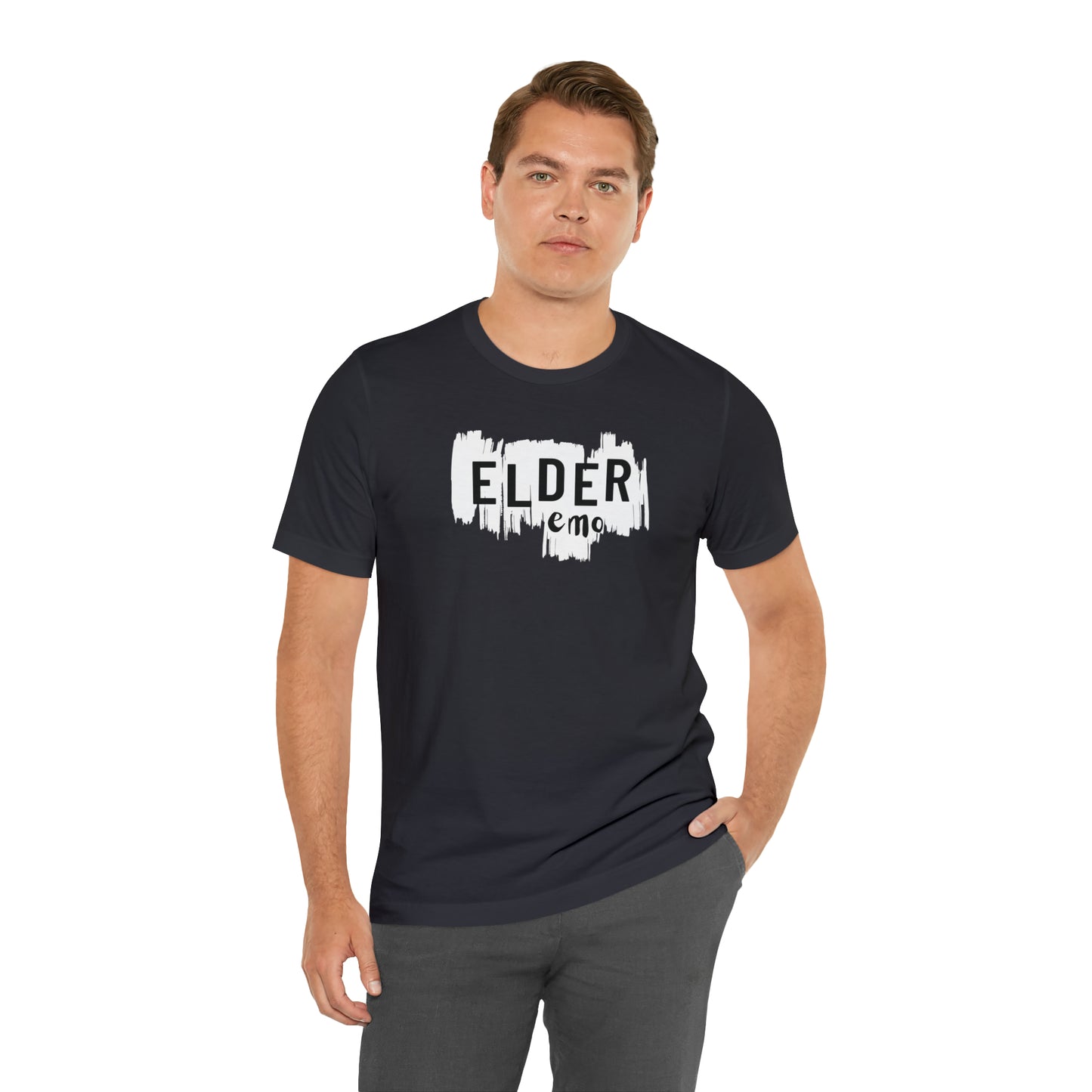 Vertical paint WHITE LETTER Elder Emo, Unisex Jersey Short Sleeve Tee