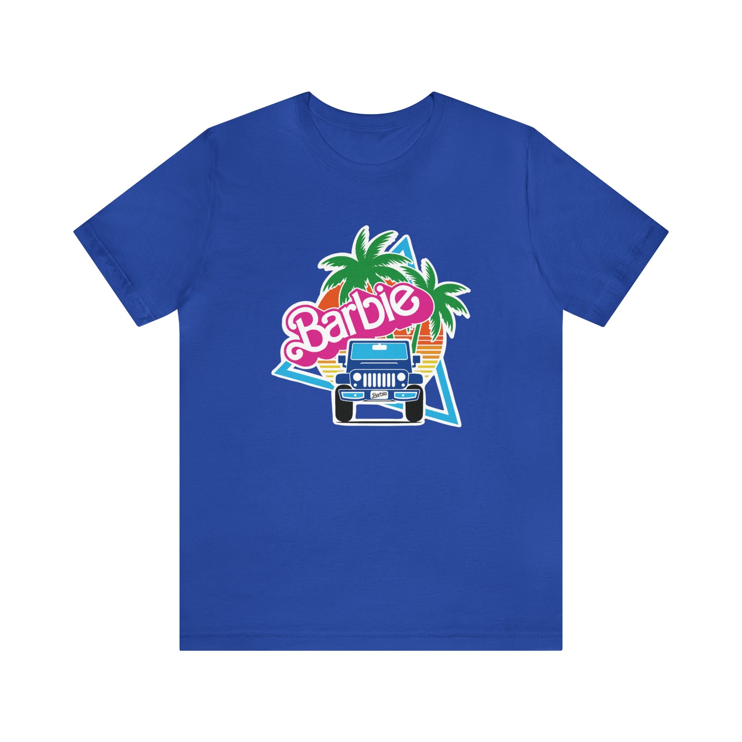 Two blue Barbie, Beep Beep Barbie Jeep, Unisex Jersey Short Sleeve Tee