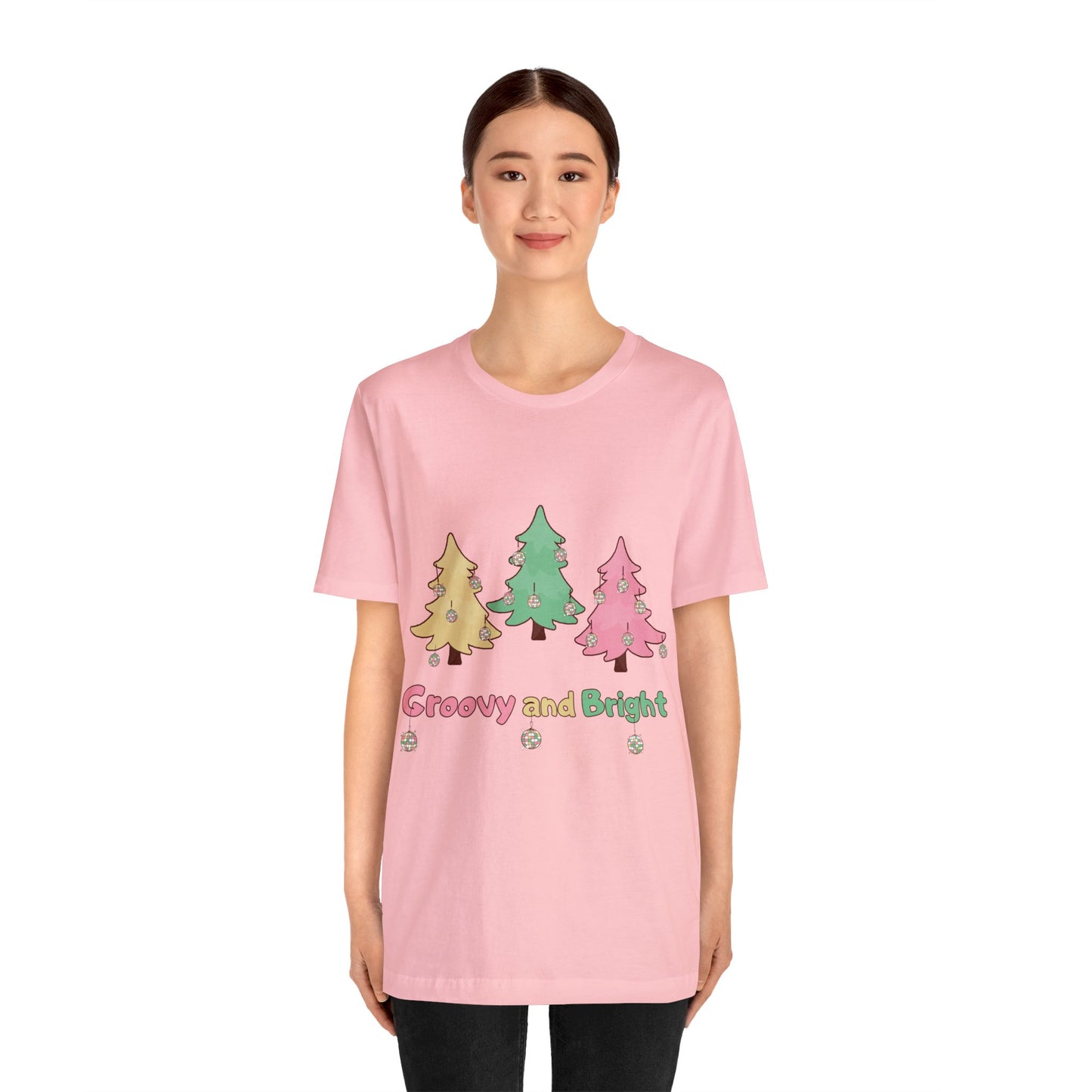 Pink Trees Farm Groovy and Bright Jingle Disco Ball on back - Unisex T-shirt