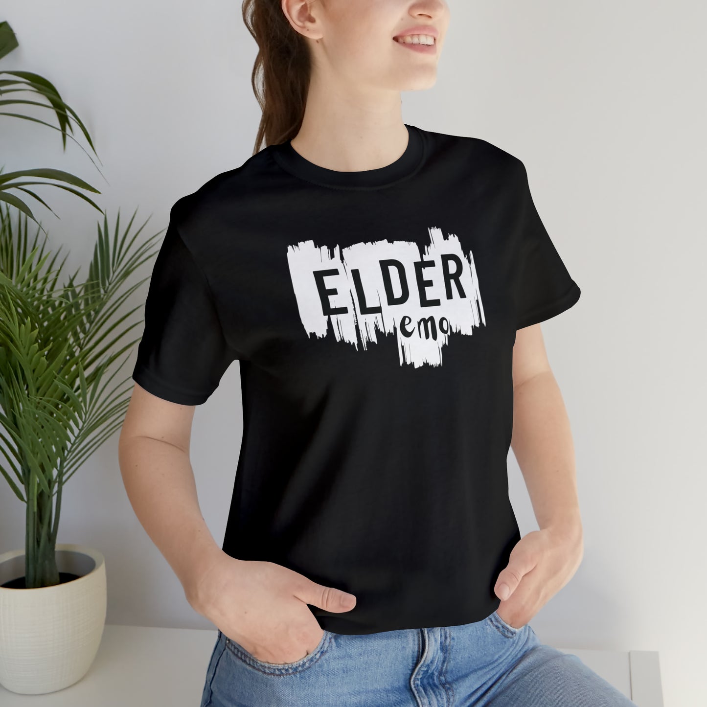 Vertical paint WHITE LETTER Elder Emo, Unisex Jersey Short Sleeve Tee