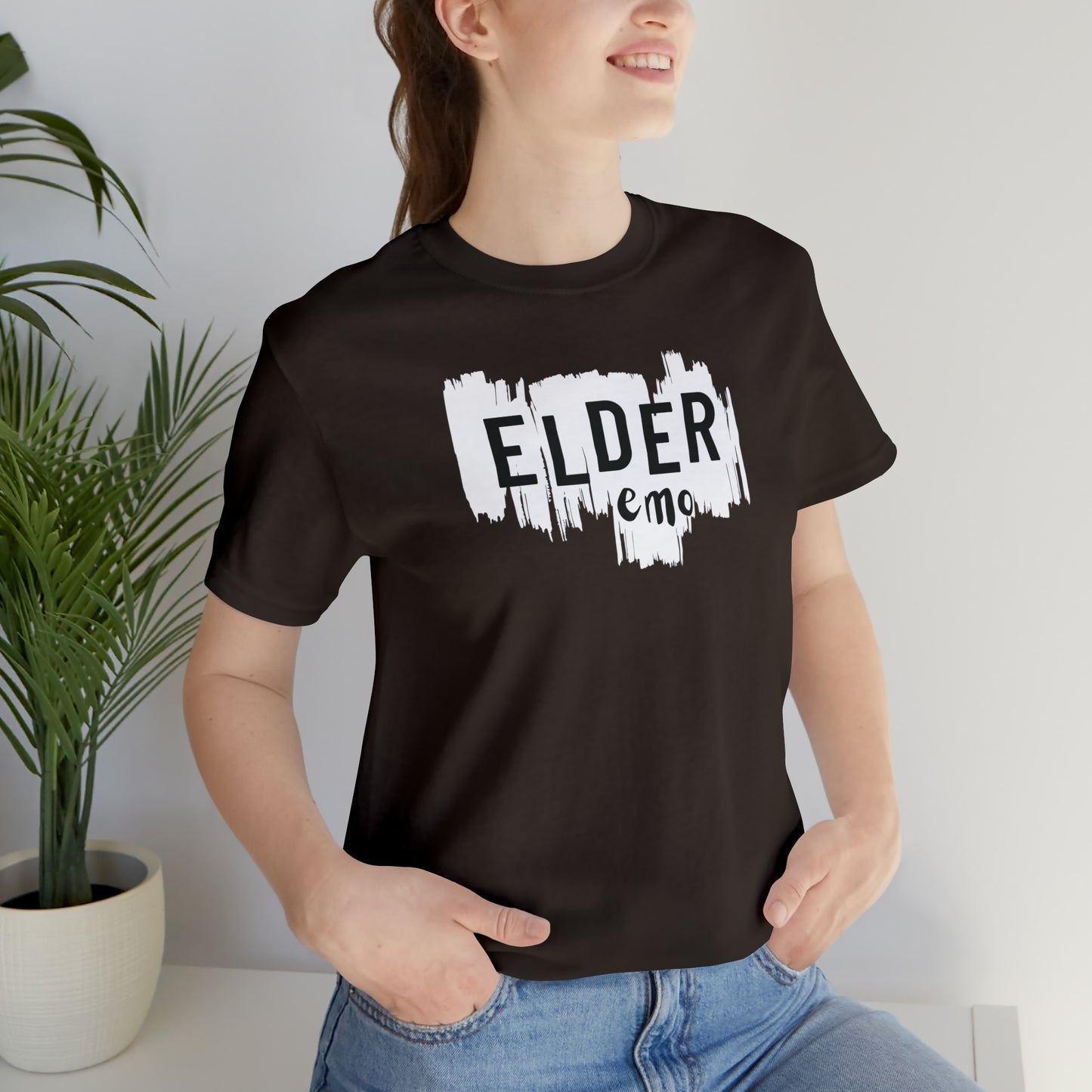 Vertical paint WHITE LETTER Elder Emo, Unisex Jersey Short Sleeve Tee
