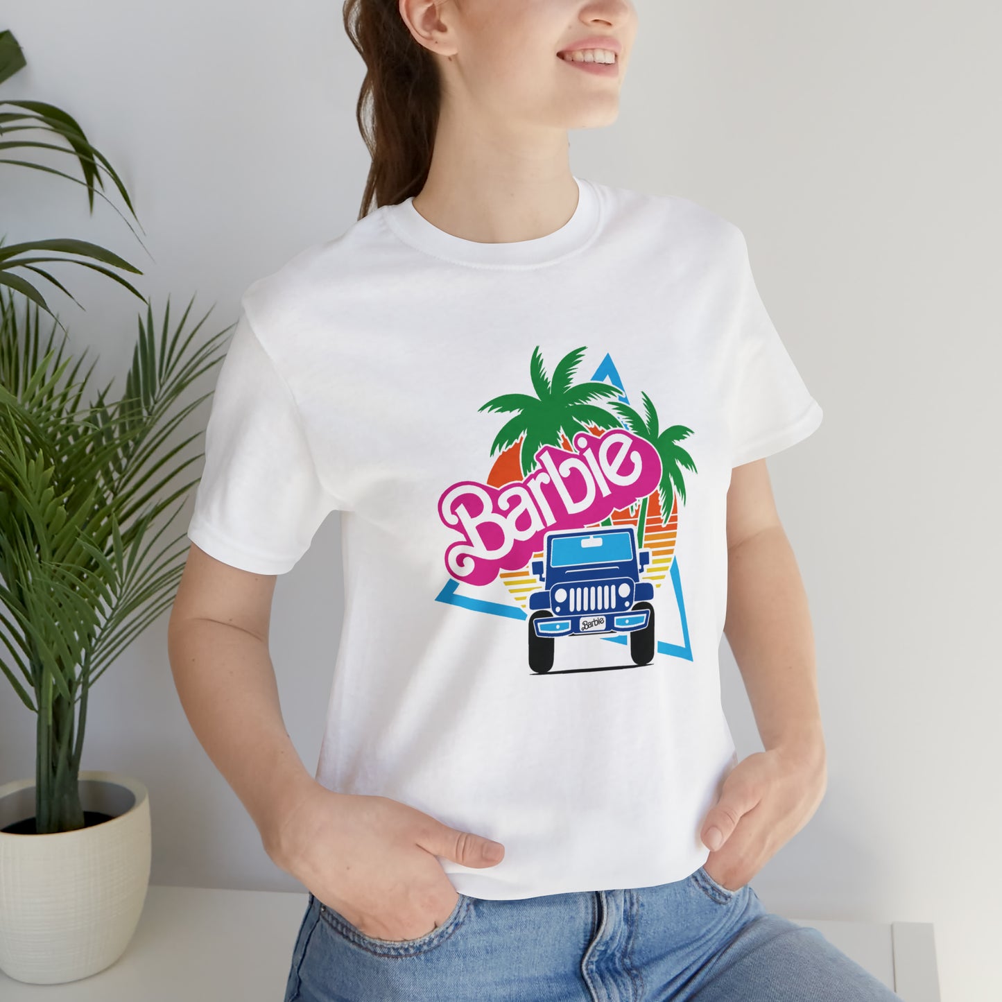 Two blue Barbie, Beep Beep Barbie Jeep, Unisex Jersey Short Sleeve Tee