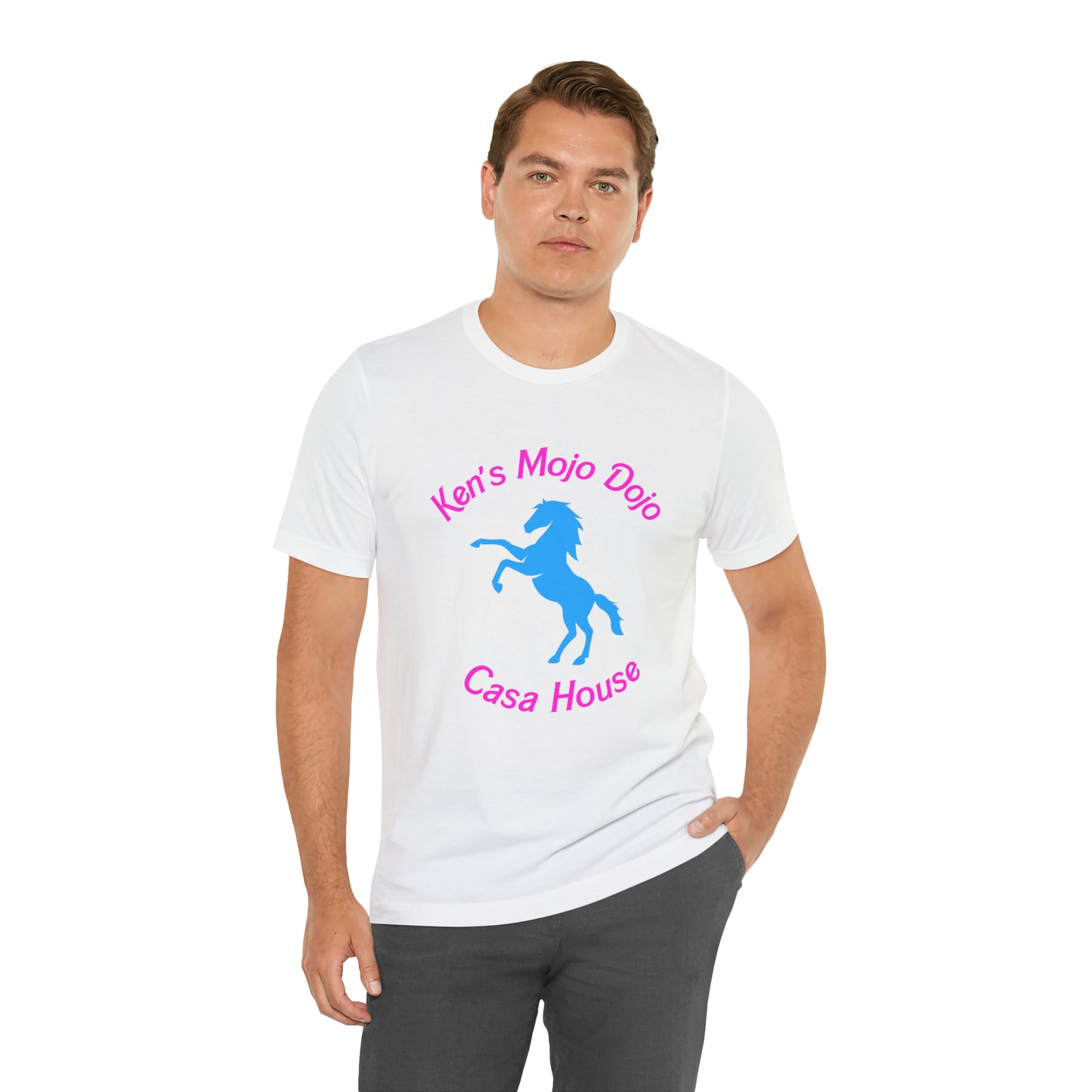 Neon Pink and Blue: Ken's Mojo Dojo Casa House, Unisex Jersey Short Sleeve Tee