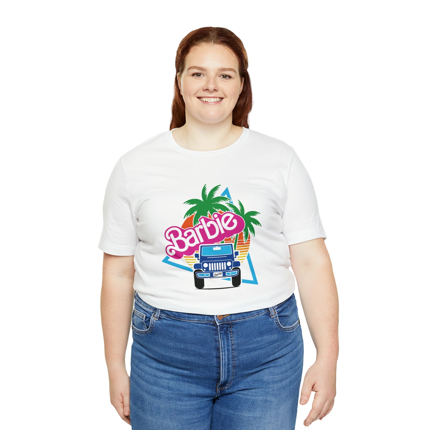 Two blue Barbie, Beep Beep Barbie Jeep, Unisex Jersey Short Sleeve Tee