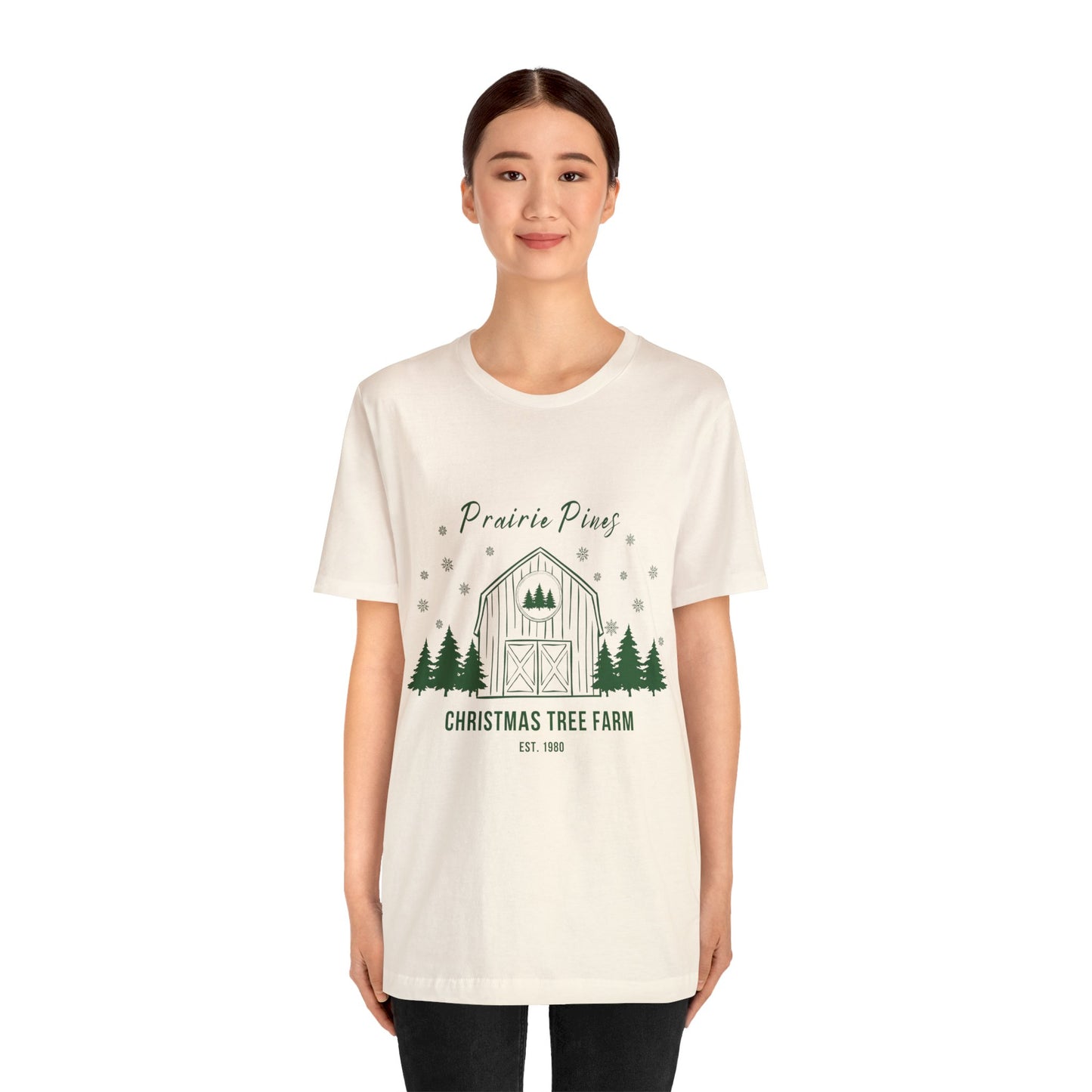 Green Text Prairie Pines with back design Thick and Sprucey Christmas Trees - Unisex T-shirt