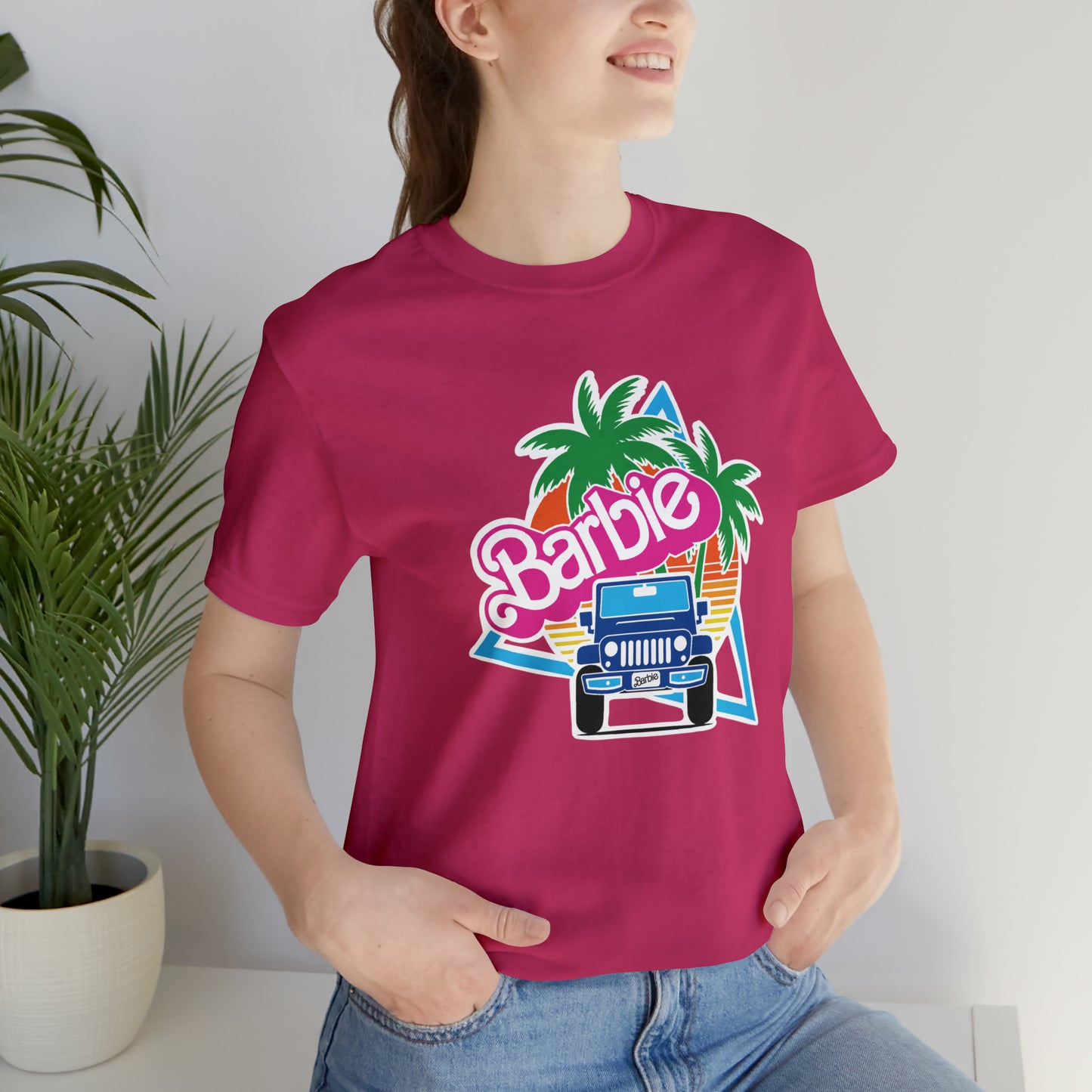 Two blue Barbie, Beep Beep Barbie Jeep, Unisex Jersey Short Sleeve Tee