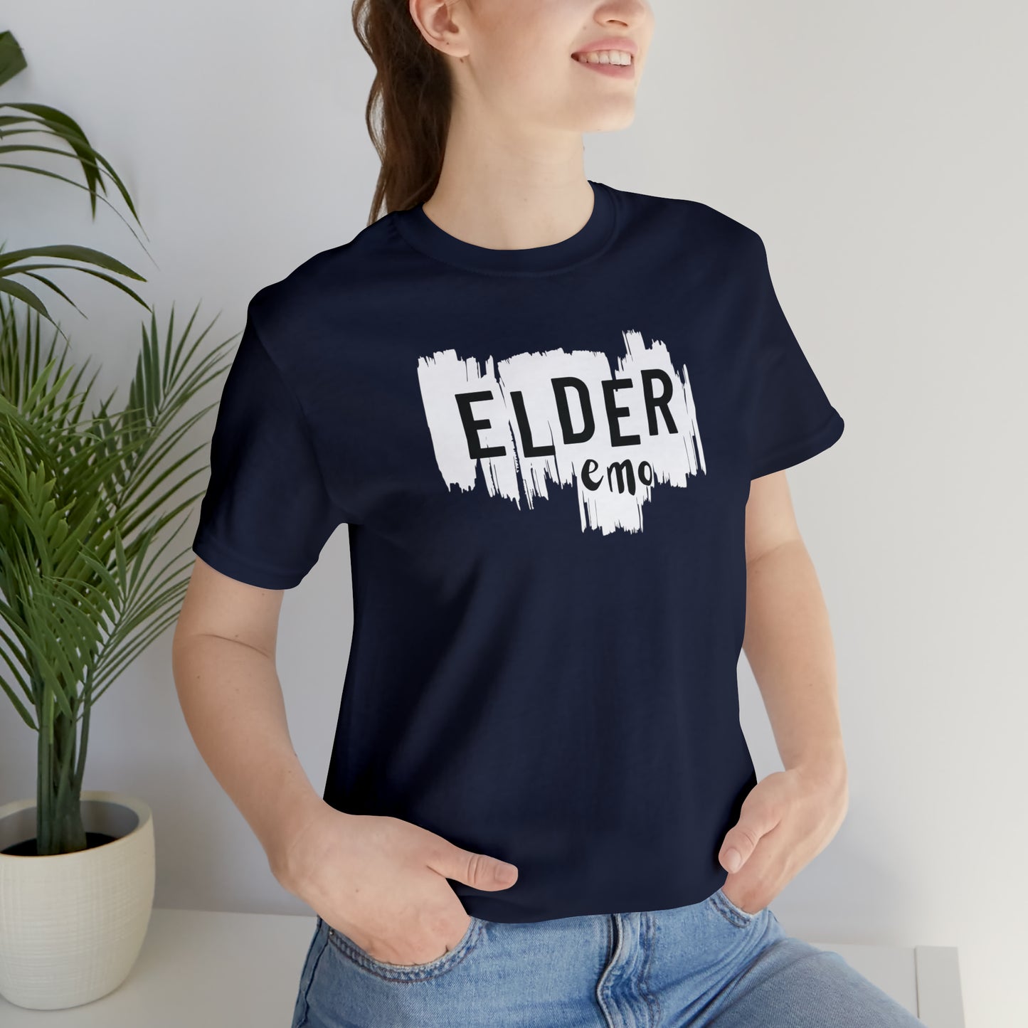 Vertical paint WHITE LETTER Elder Emo, Unisex Jersey Short Sleeve Tee