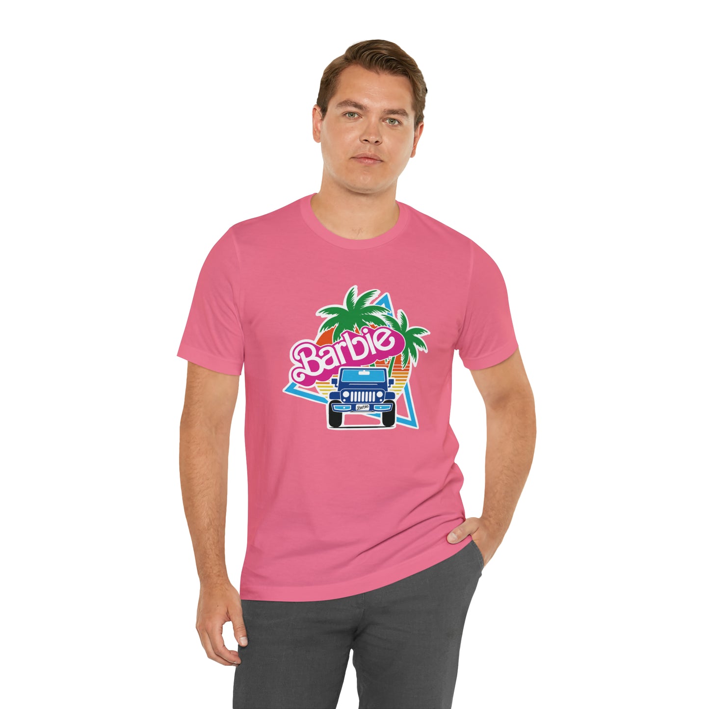 Two blue Barbie, Beep Beep Barbie Jeep, Unisex Jersey Short Sleeve Tee