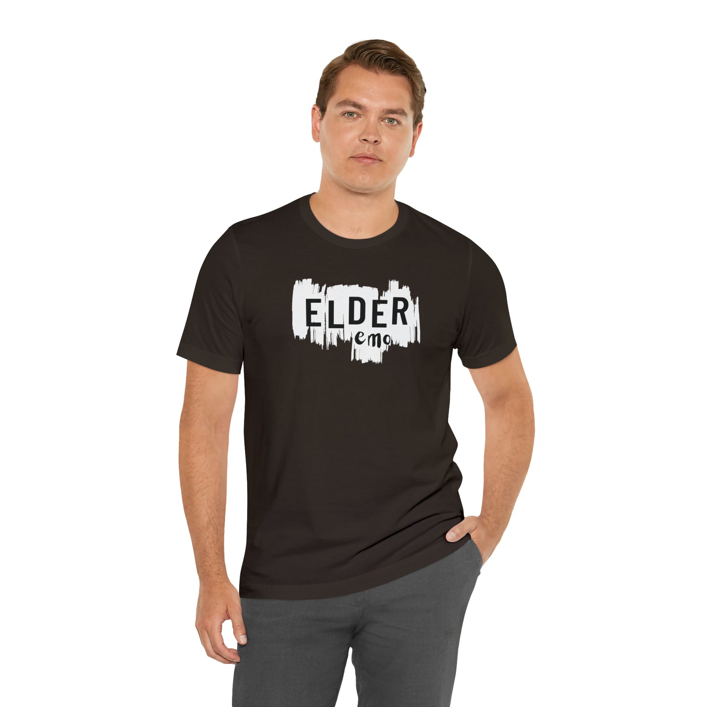 Vertical paint WHITE LETTER Elder Emo, Unisex Jersey Short Sleeve Tee