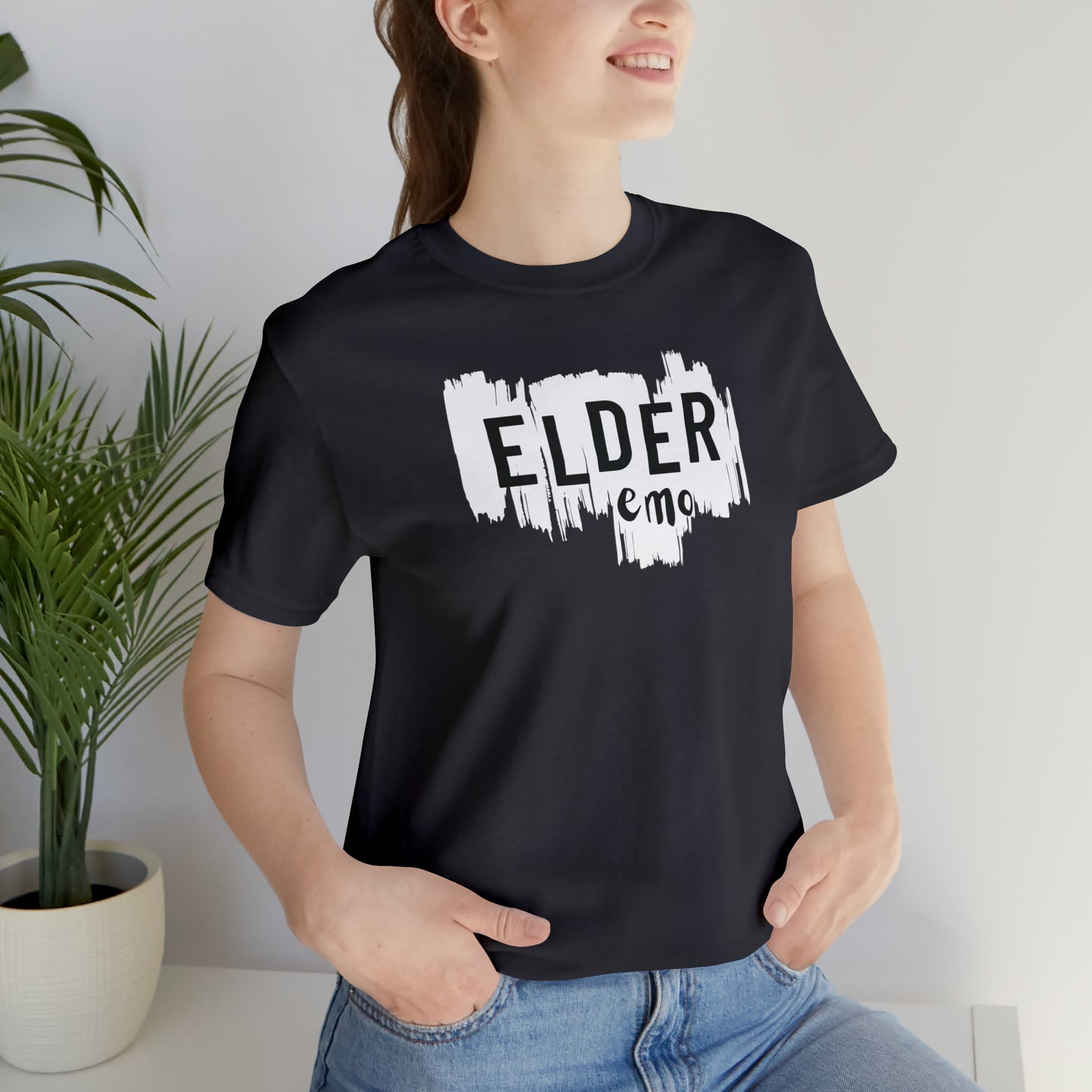 Vertical paint WHITE LETTER Elder Emo, Unisex Jersey Short Sleeve Tee