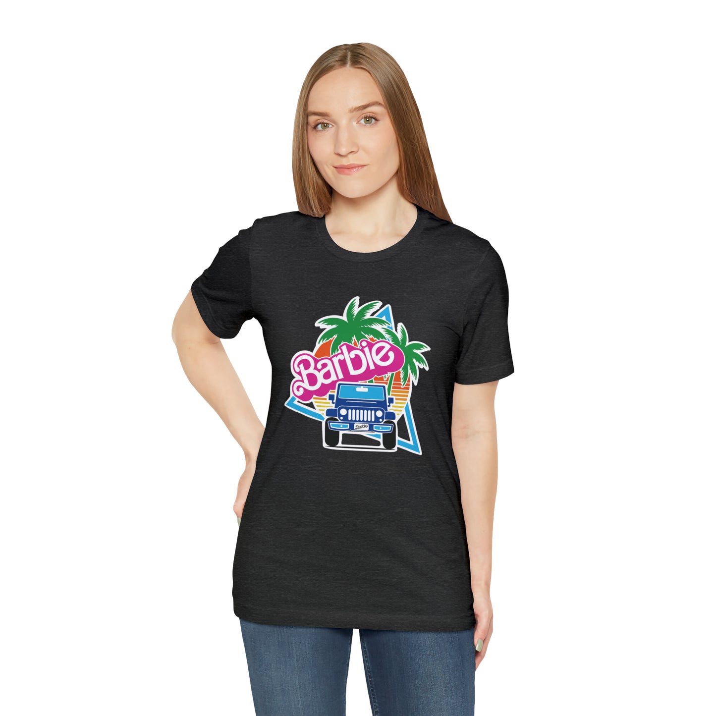 Two blue Barbie, Beep Beep Barbie Jeep, Unisex Jersey Short Sleeve Tee