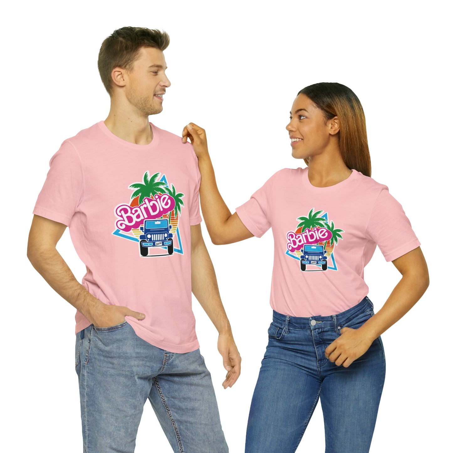 Two blue Barbie, Beep Beep Barbie Jeep, Unisex Jersey Short Sleeve Tee