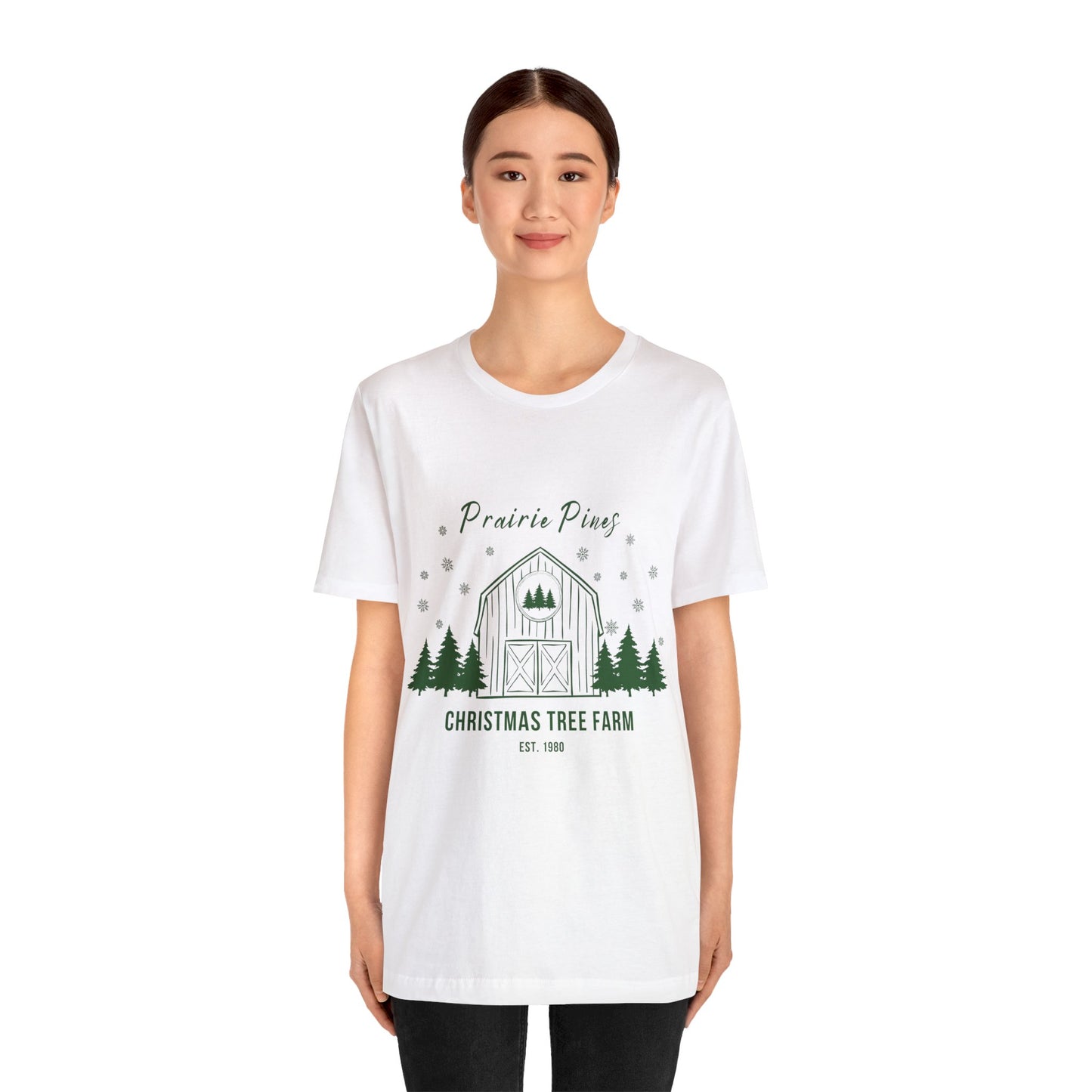 Green Text Prairie Pines with back design Thick and Sprucey Christmas Trees - Unisex T-shirt