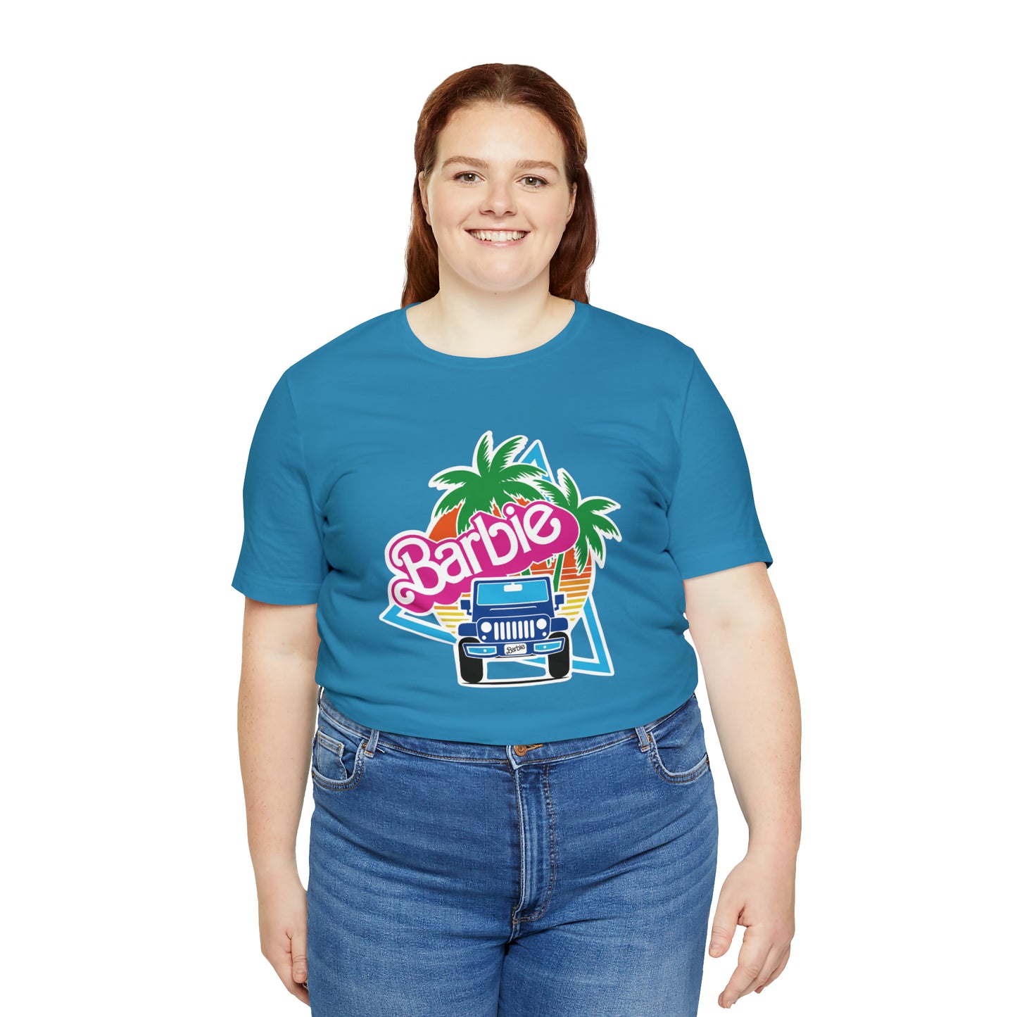 Two blue Barbie, Beep Beep Barbie Jeep, Unisex Jersey Short Sleeve Tee