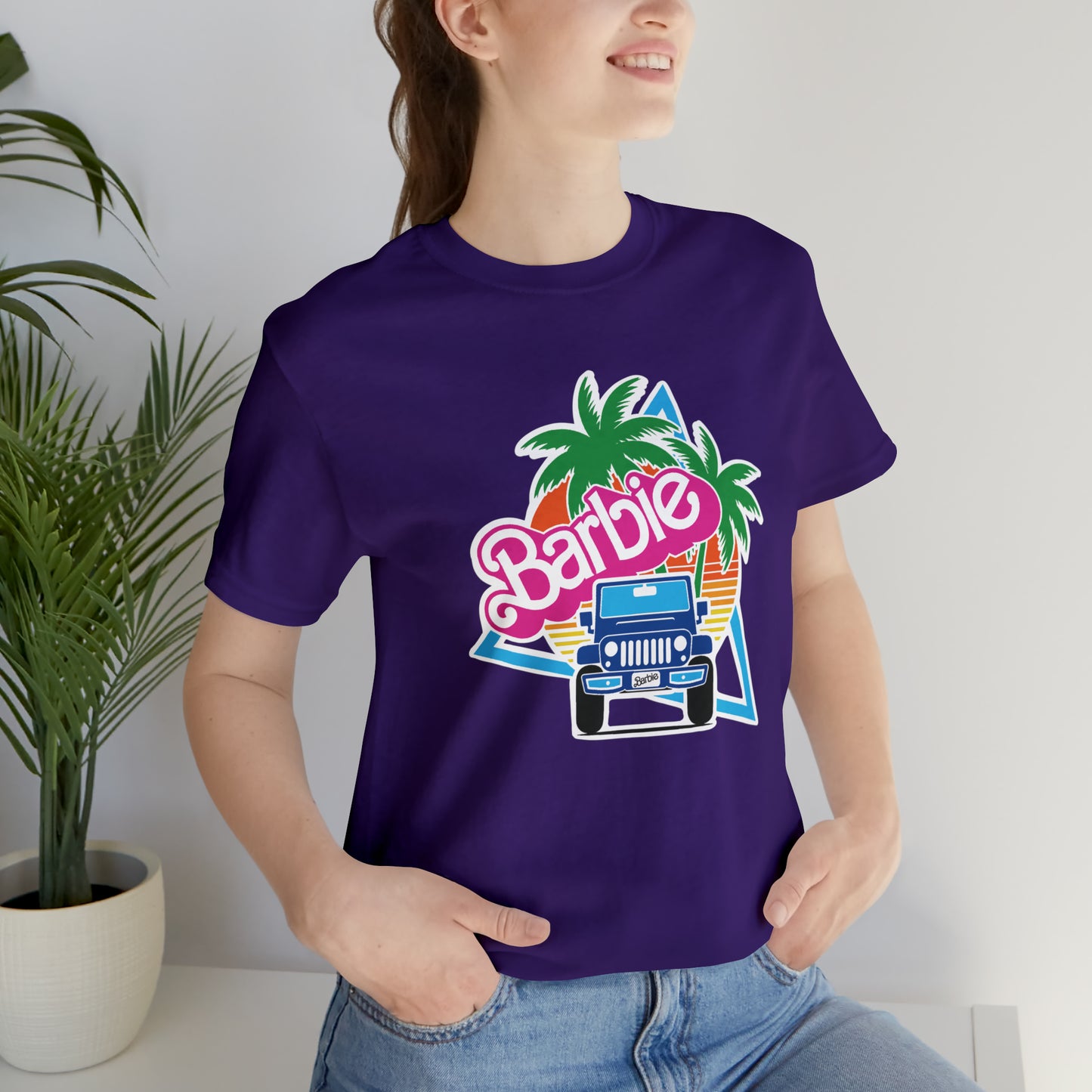 Two blue Barbie, Beep Beep Barbie Jeep, Unisex Jersey Short Sleeve Tee