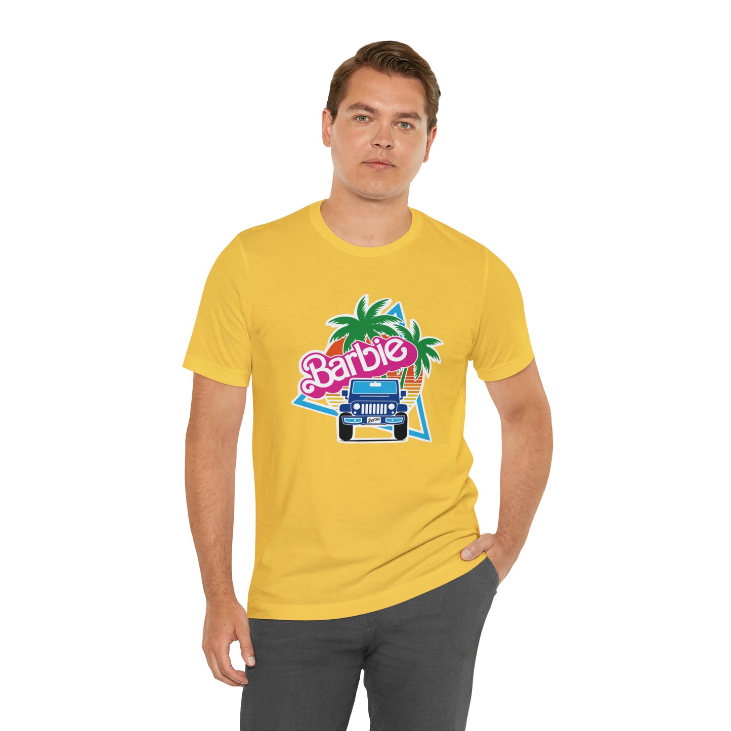 Two blue Barbie, Beep Beep Barbie Jeep, Unisex Jersey Short Sleeve Tee