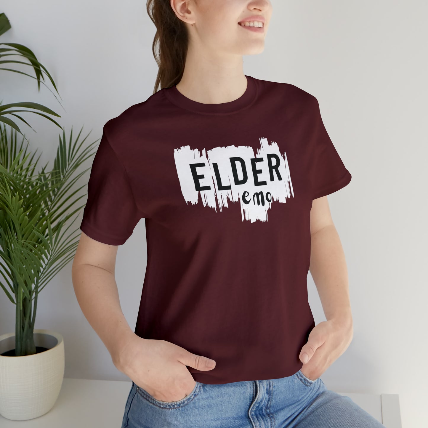 Vertical paint WHITE LETTER Elder Emo, Unisex Jersey Short Sleeve Tee
