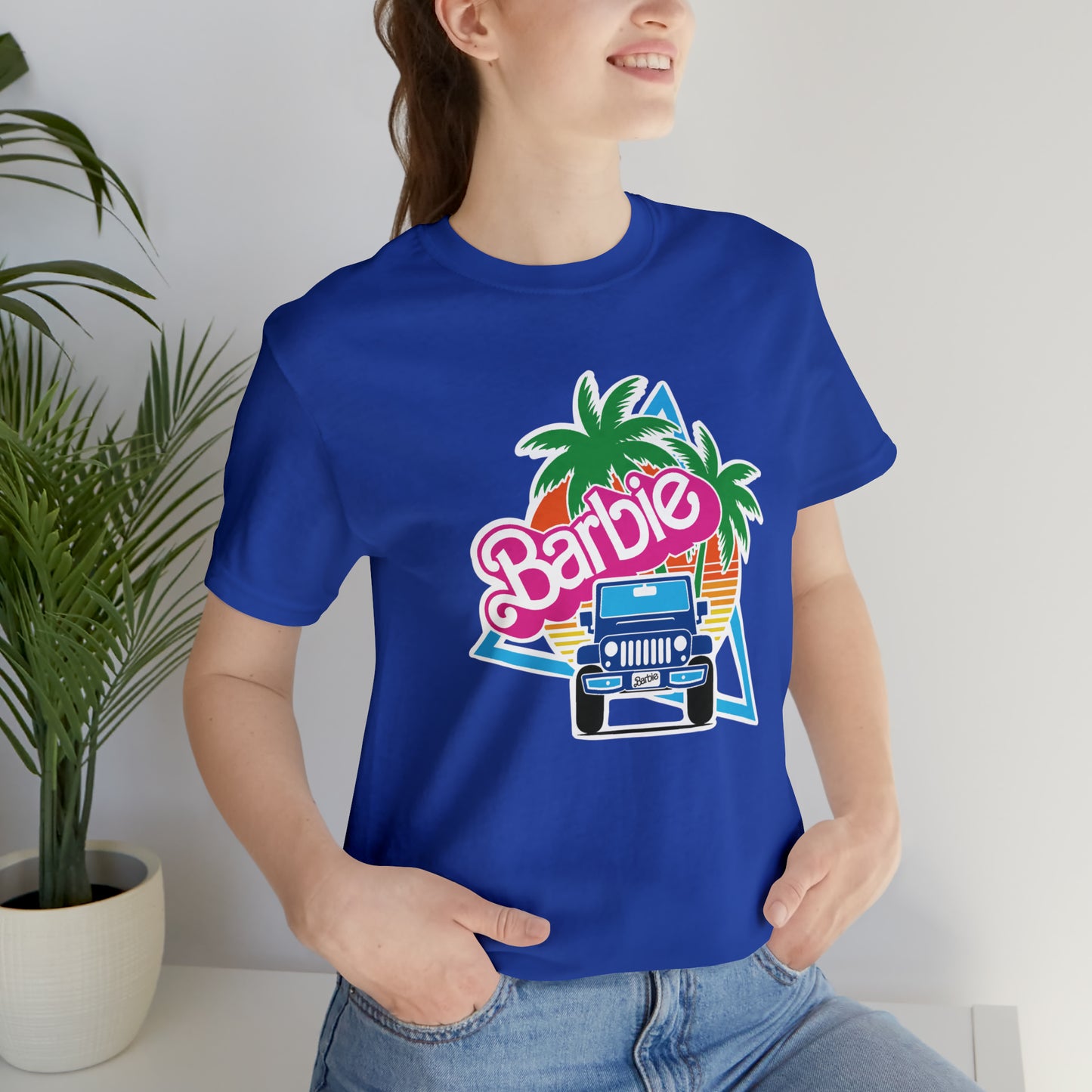 Two blue Barbie, Beep Beep Barbie Jeep, Unisex Jersey Short Sleeve Tee