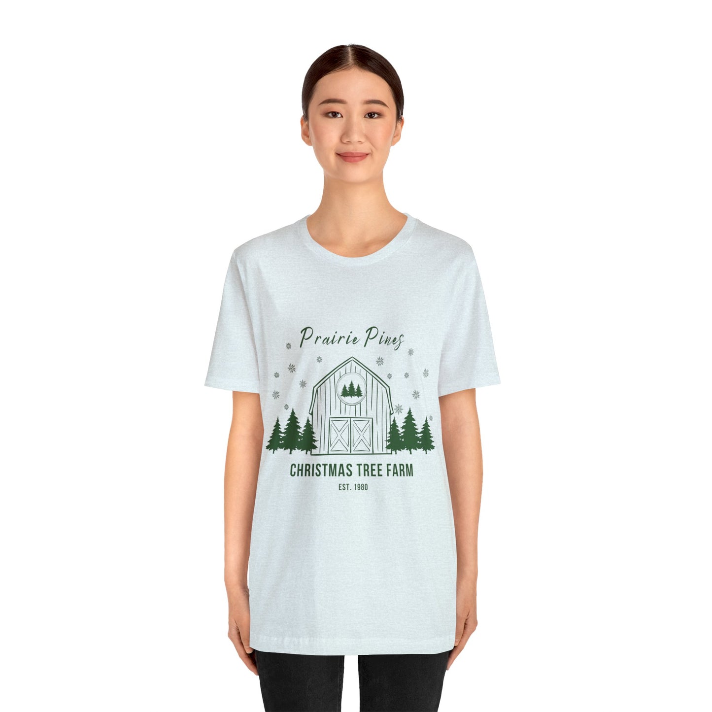 Green Text Prairie Pines with back design Thick and Sprucey Christmas Trees - Unisex T-shirt