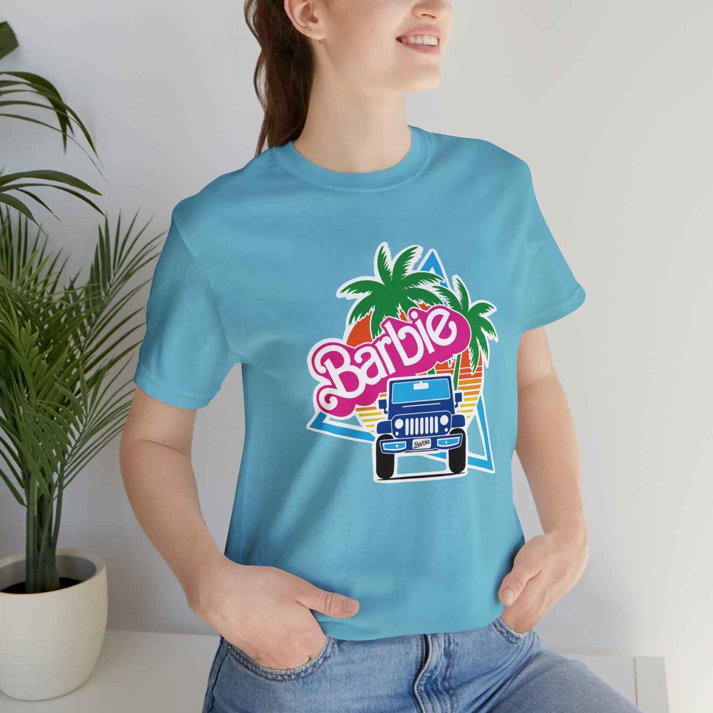 Two blue Barbie, Beep Beep Barbie Jeep, Unisex Jersey Short Sleeve Tee