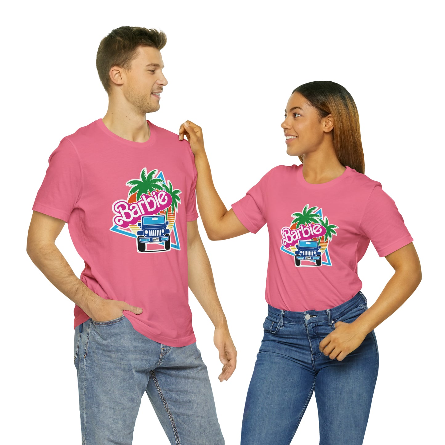 Two blue Barbie, Beep Beep Barbie Jeep, Unisex Jersey Short Sleeve Tee