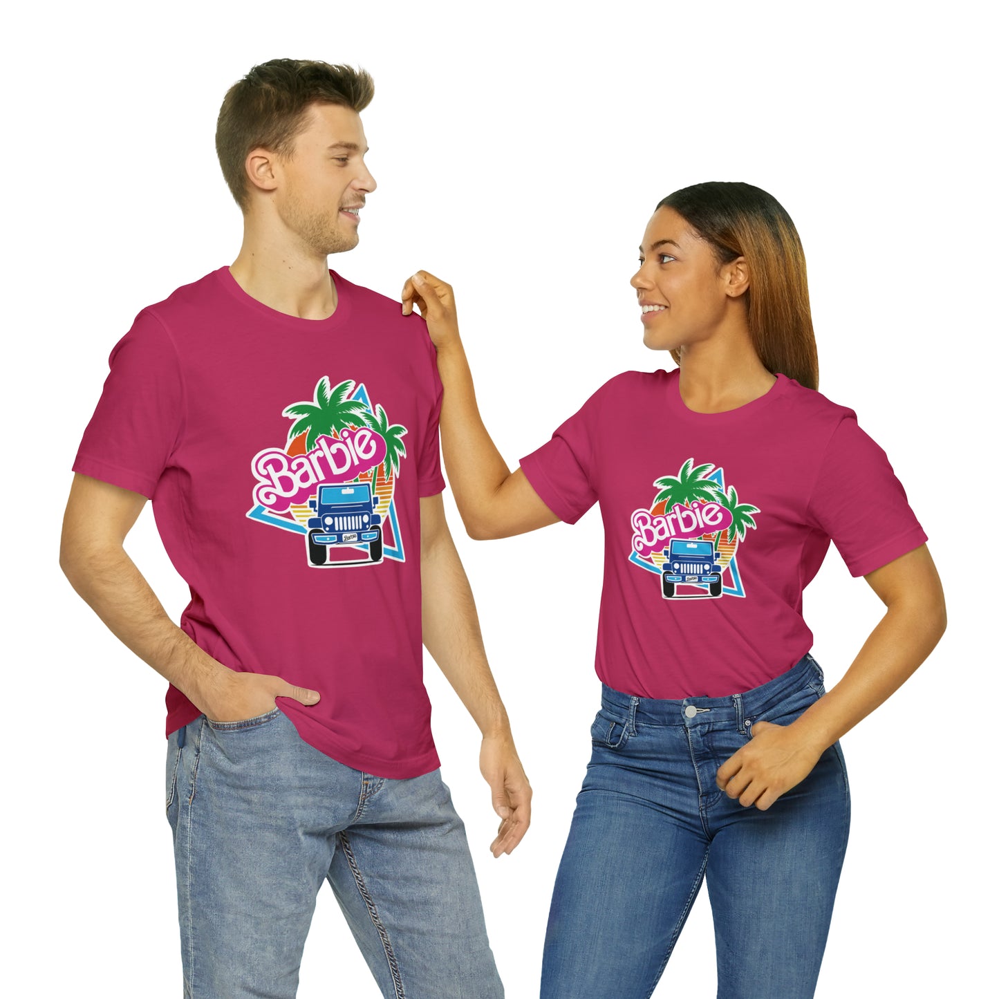 Two blue Barbie, Beep Beep Barbie Jeep, Unisex Jersey Short Sleeve Tee
