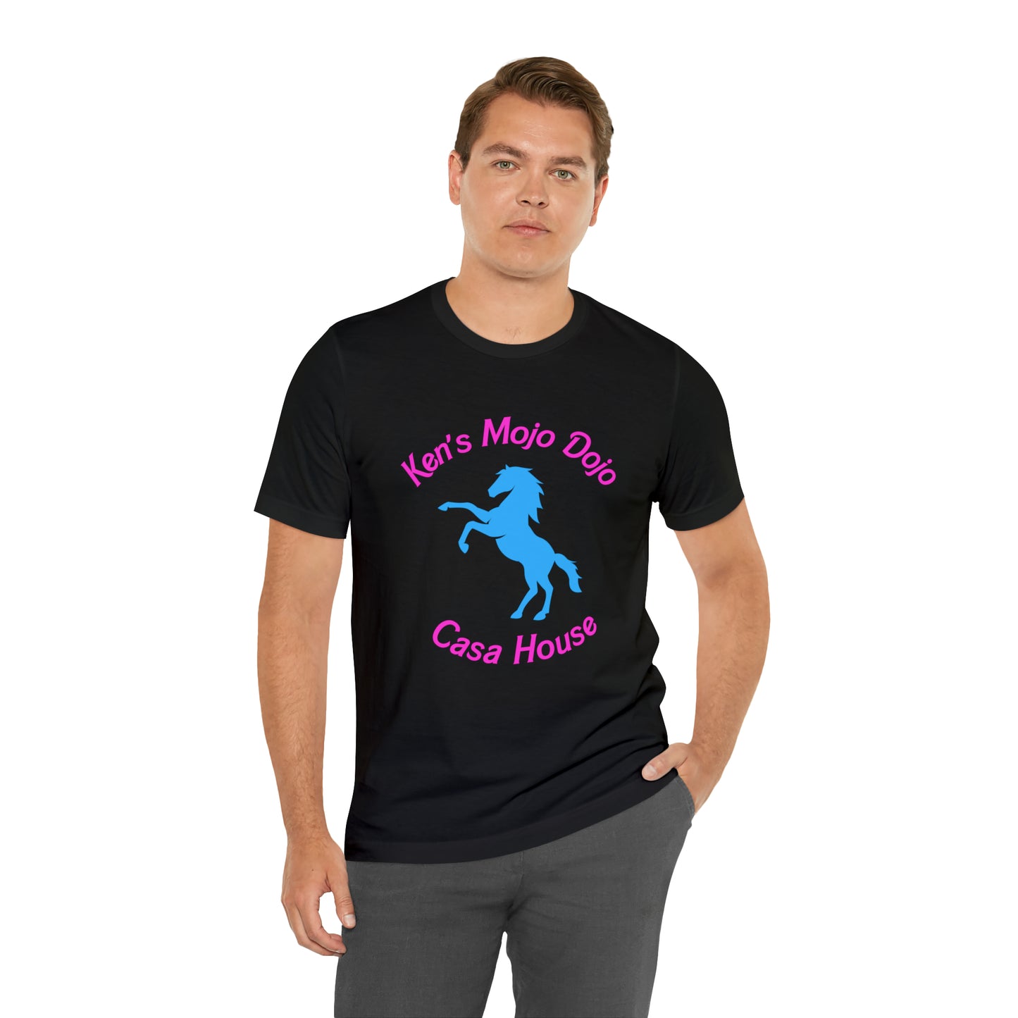Neon Pink and Blue: Ken's Mojo Dojo Casa House, Unisex Jersey Short Sleeve Tee