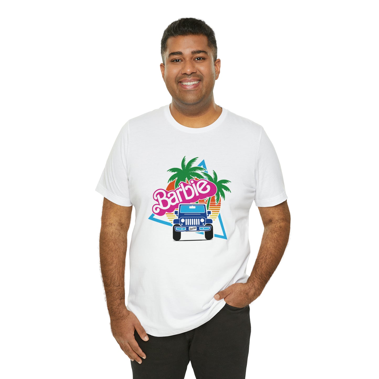 Two blue Barbie, Beep Beep Barbie Jeep, Unisex Jersey Short Sleeve Tee