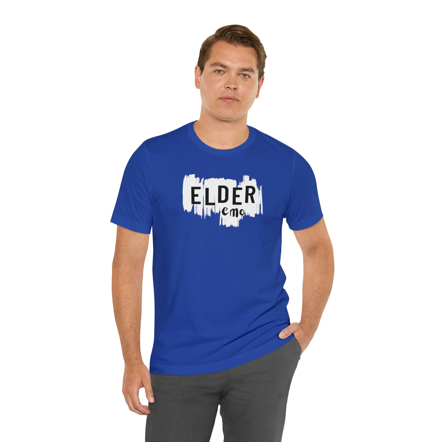 Vertical paint WHITE LETTER Elder Emo, Unisex Jersey Short Sleeve Tee